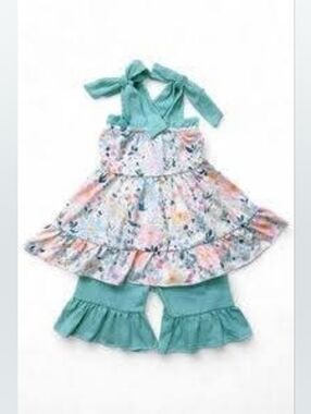 Girls Aqua Floral Tiered Top with Shorts